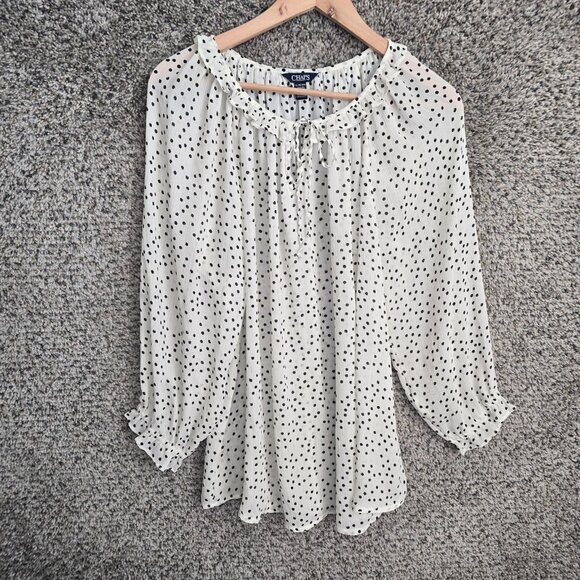 Chaps Top Womens XL White Polka Dot Long Sleeve Sheer Blouse Neck Tie Ladies - Picture 1 of 7
